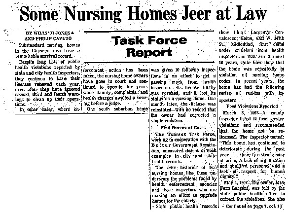 Chicago Tribune article titled, "Some Nursing Homes Jeer at Law." Written by William Jones and Philip Caputo.