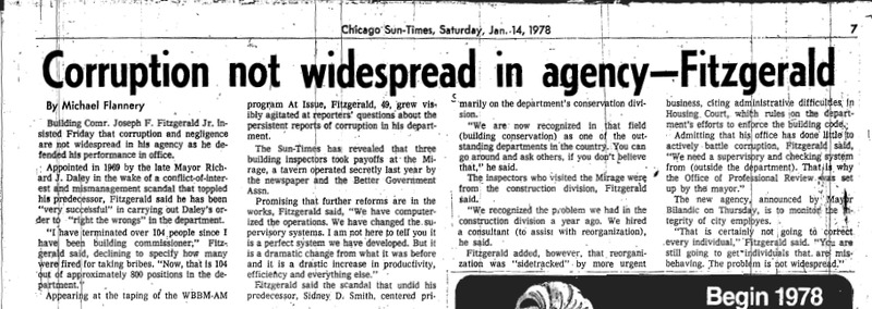 Article written by Michael Flannery titled "Corruption not widespread in agency – Fitzgerald." Published in the Chicago Sun-Times in 1978 as part of the Mirage reaction,