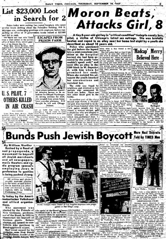 Chicago Daily Times article titled, "Bunds Push Jewish Boycott." Written by William Mueller, John C. Metcalfe, and James J. Metcalfe as part of a series.