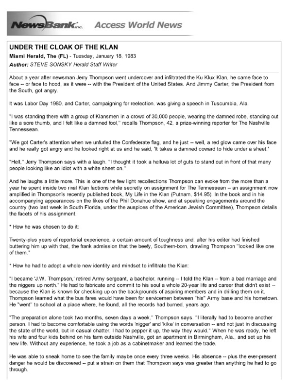 An article from the Miami Herald titled, "Under The Cloak of The Klan." Written by Steve Sonsky.