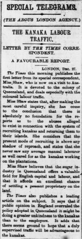 A Letter to the Editors of the Argus titled, "The Kanaka Labour Traffic."