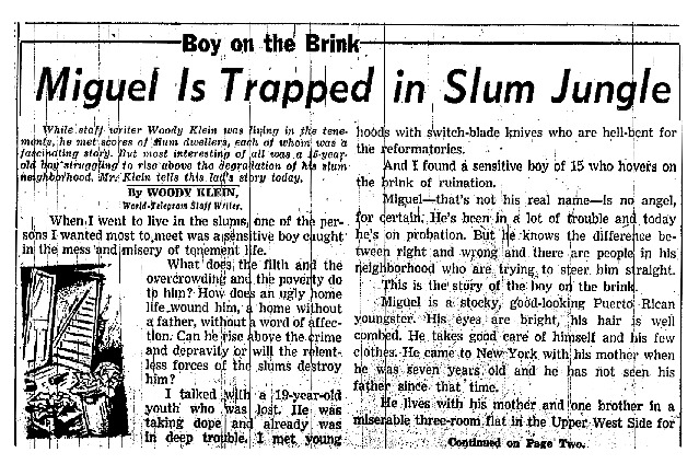  New York World Telegram and Sun article titled, "Boy on the Brink." Written by Woody Klein as part of his series about living in a slum.