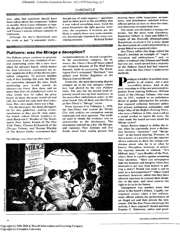 Article in Columbia's Journalism Review titled, "Pulitzers: Was Mirage a Deception?" Written by Steve Robinson in 1979.