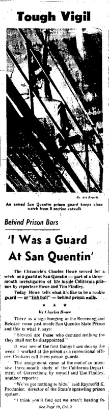 The first San Francisco Chronicle article in the "Behind Prison Bars" series. Written by Charles Howe.