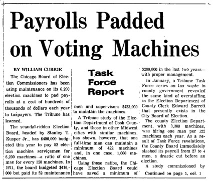 Chicago Tribune article titled, "Payrolls Padded on Voting Machines." Written by William Currie as part of the Task Force Vote Fraud Investigation.