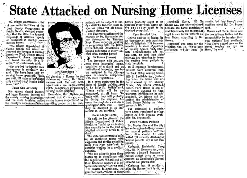 Chicago Tribune article titled, "State Attacked on Nursing Home Licenses." Written by an Unsigned author.