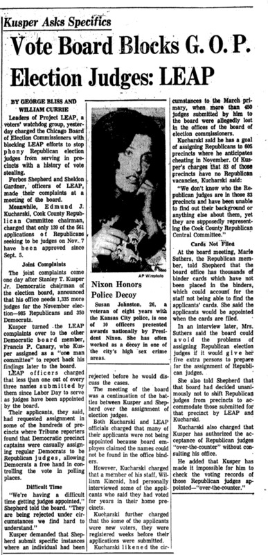 Chicago Tribune article titled, "Kusper Asks Specifics." Written by George Bliss and William Currie after the Tribune's Task Force report.