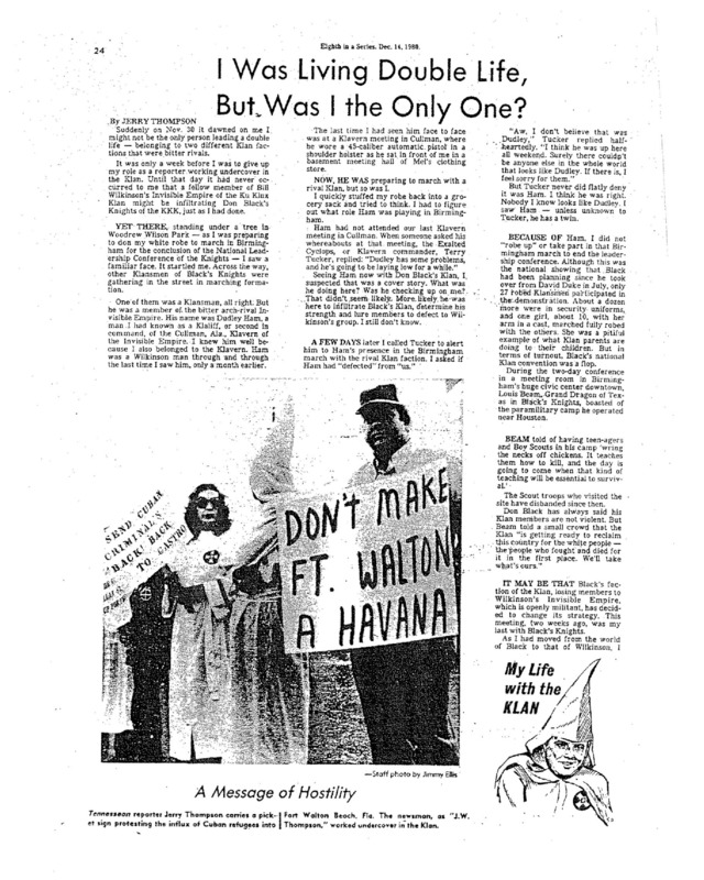 Nashville Tennessean article titled, "I Was Living Double Life, But Was I the Only One?" Written by Jerry Thompson as part of his series, "My Life With the Klan."
