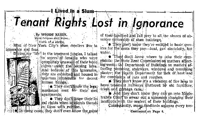 New York World Telegram and Sun article titled, "I Lived in a Slum." Written by Woody Klein as part of a series.