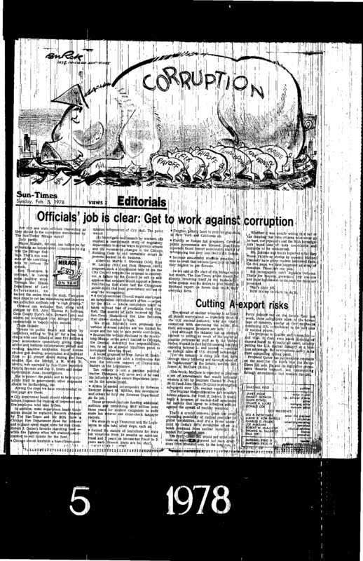 Chicago Sun-Times article titled, "Officials' Job is Clear: Get to Work Against Corruption." Written in 1978 as part of Pamela Zekman and Zay N. Smith's Mirage Editorial.