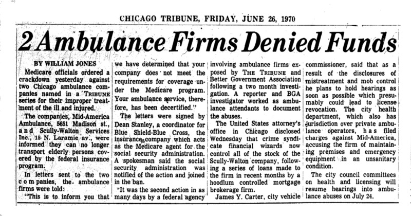 Chicago Tribune article titled, "Ambulance Firm Denied Funds." Written by William Jones as part of the reaction to the Private Ambulance Investigation.
