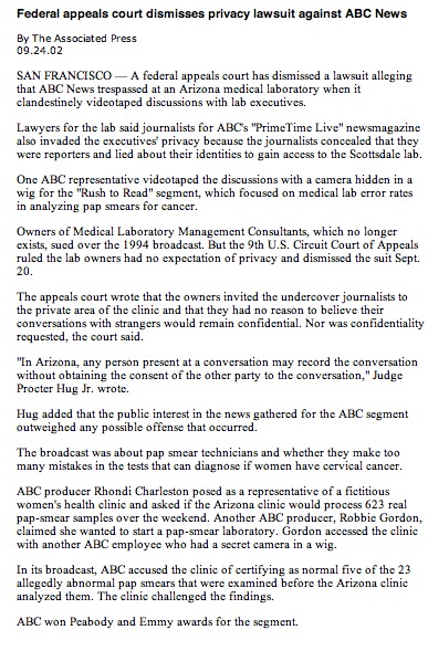 A federal appeals court has dismissed a 2002 lawsuit between ABC News and an Arizona medical laboratory.