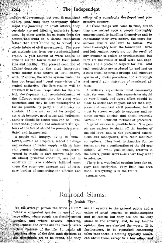 An article from The Independent titled, "Railroad Slums." Written by Josiah Flynt.