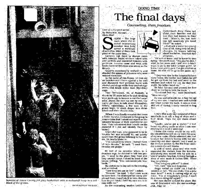 Boston Globe article titled, "The Final Days in Jail." Written by Richard Stewart as part of his "Doing Time" series.