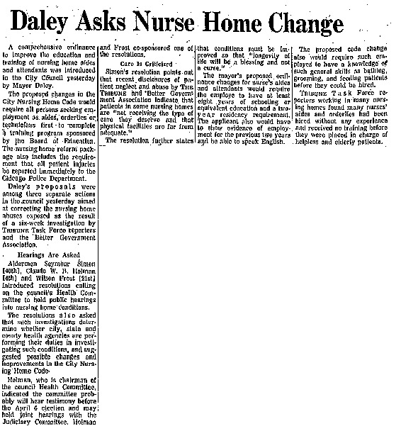 Chicago Tribune article titled, "Daley Asks Nurse Home Change." Byline Unsigned.