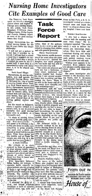 Chicago Tribune article titled, "Nursing Homes Investigators Cite Examples of Good Care." Written as a follow-up to the nursing home exposé.