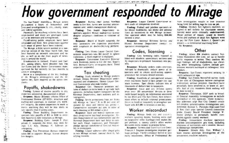 Article written by Pamela Zekman and Zay N. Smith titled "How Government Responded to Mirage."  Published in the Chicago Sun-Times.