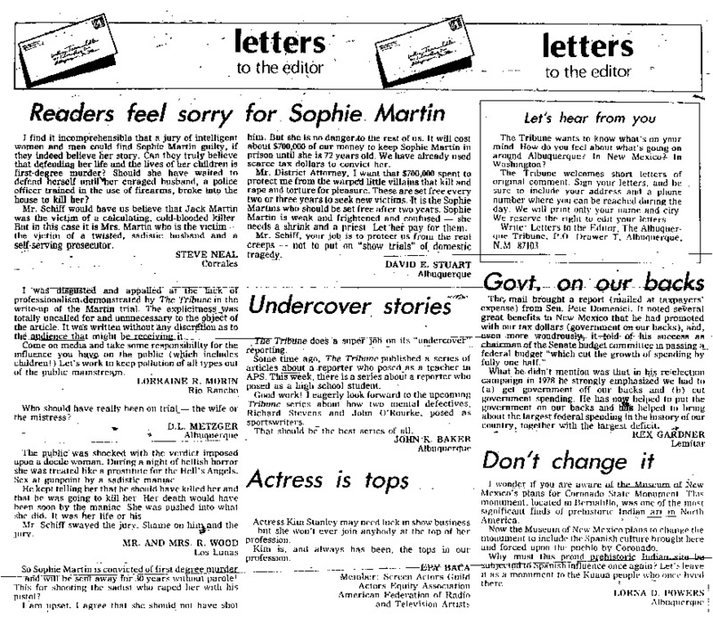 John K. Baker writes a letter to the editor of the Albuquerque Tribune to praise their undercover investigations.
