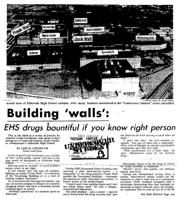 Albuquerque Tribune article titled, "Building 'Walls.'" Written by Leslie Linthicum as part of her "Undercover Student" series.