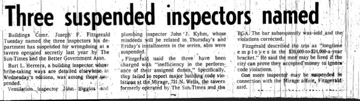 Chicago Sun-Times article titled, "Three Suspended Inspectors Named." Written in 1978 as part of the Mirage Reaction.