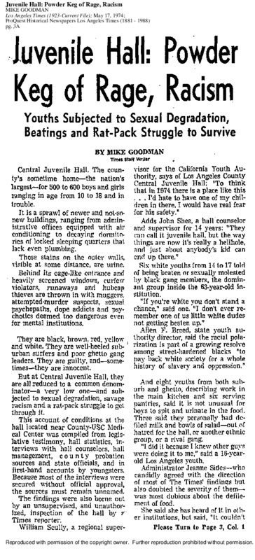 Abstract: "Central Juvenile Hall. The county's sometime home--the nation's largest--for 500 to 600 boys and girls ranging in age from 10 to 18 and in trouble."