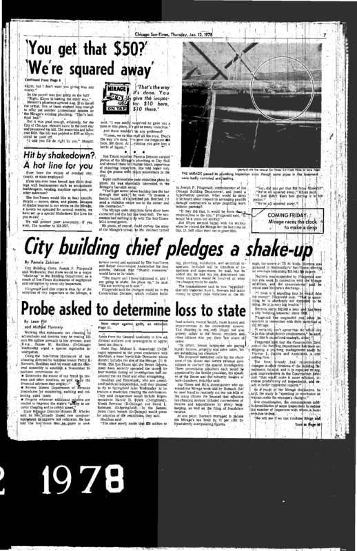 Chicago Sun-Times article titled, "City Building Chief Pledges a Shake-Up." Written by Pamela Zekman as part of the Mirage Reaction. 