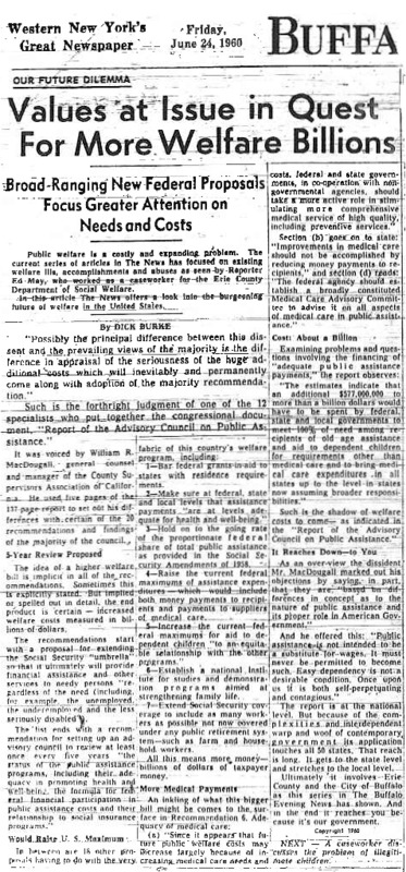 Buffalo Evening News article titled, "Values at Issue in Quest For More Welfare Billions." Written by Dick Burke.