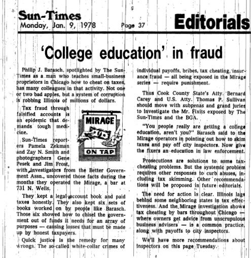 Chicago Sun-Times article titled, "'College Education' in Fraud." Written in 1978 as part of Pamela Zekman and Zay N. Smith's Mirage Editorial. 