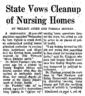 Chicago Tribune article titled, "State Vows Cleanup of Nursing Homes." Written by William Jones and Pamela Zekman.