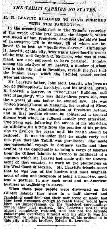 New York Tribune article titled, "The Tahiti Carried No Slaves."