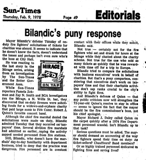 Article published in the Chicago Sun-Times titled "Bilandic's puny response." Part of Pamela Zekman and Zay N. Smith's Mirage Editorial.