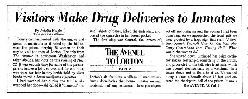 Washington Post article titled, "Visitors Make Drug Deliveries to Inmates." Written by Athelia Knight as part of the Lorton series.