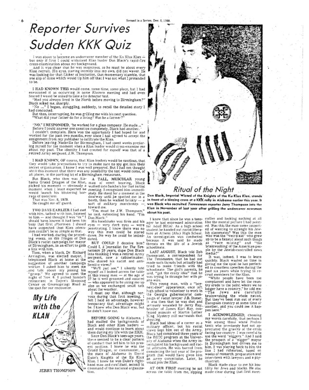 Nashville Tennessean article titled, "Reporter Survives Sudden KKK Quiz." Written by Jerry Thompson as part of his series, "My Life With the Klan."