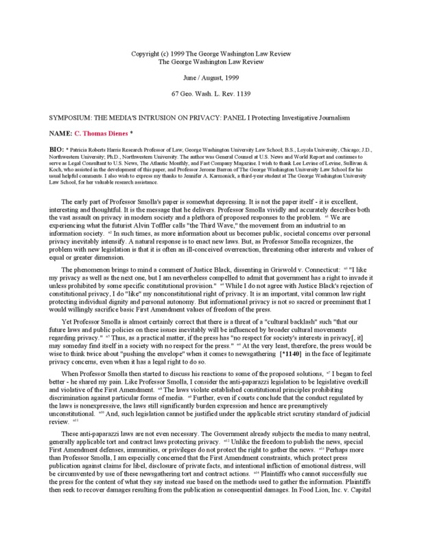 C. Thomas Dienes discusses Professor Smolla's paper on media's privacy limitations and the law in a panel on 'protecting investigative journalism'.