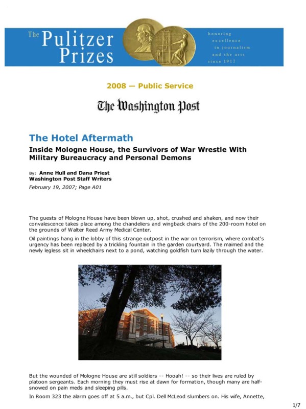 Washington Post article titled, "The Hotel Aftermath." Written by Anne Hull and Dana Priest.