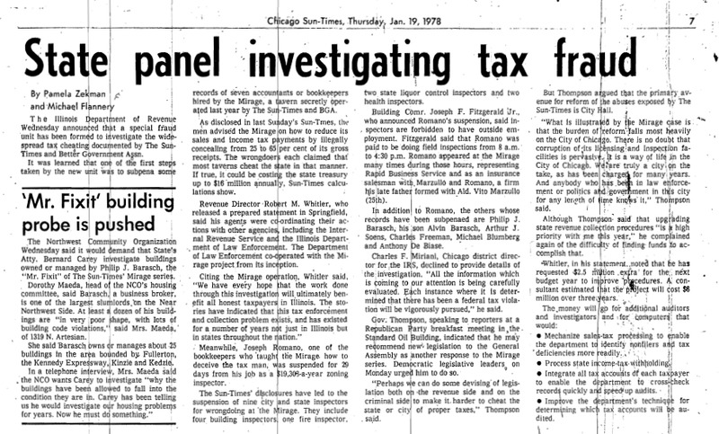 Chicago Sun-Times article titled "State Panel Investigating Tax Fraud." Written by Pamela Zekman and Michael Flannery as part of the Mirage Reaction. 