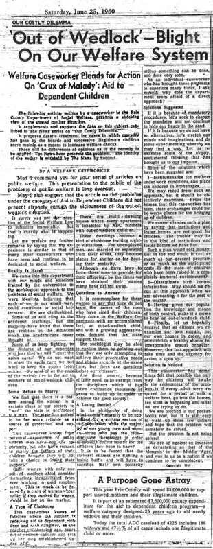 Buffalo Evening News article titled, "'Out of Wedlock' - Blight On Our Welfare System." Written by a Welfare Caseworker.