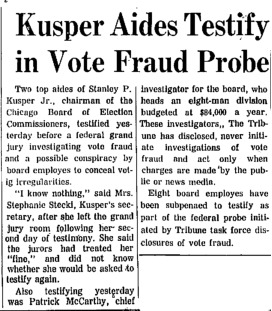 Chicago Tribune article titled, "Kusper Aides Testify in Vote Fraud Probe." Written by an Unsigned author.