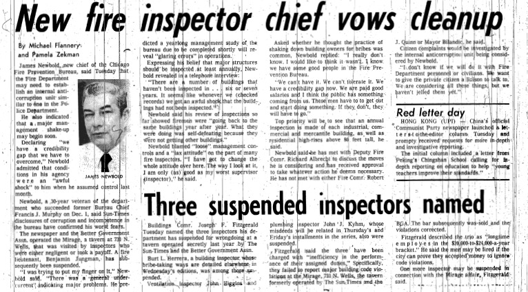 Chicago Sun-Times article titled, "New Fire Inspector Chief Vows Cleanup." Written in 1978 by Michael Flannery and Pamela Zekman as part of the Mirage Reaction. 