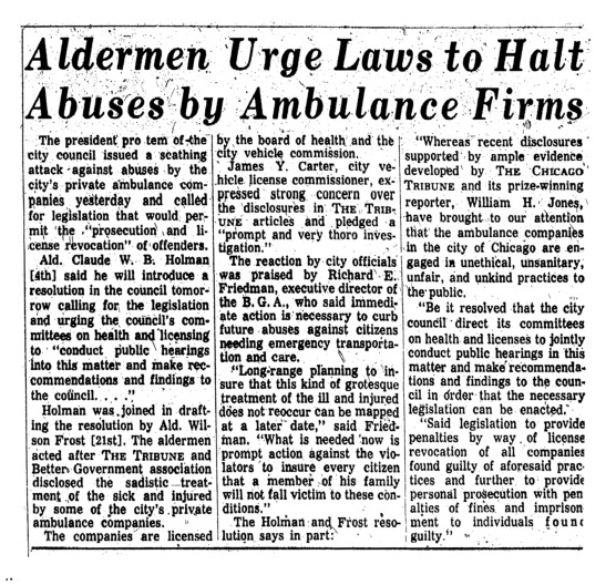 Chicago Tribune article titled, "Aldermen Urge Laws to Halt Abuses by Ambulance Firms."