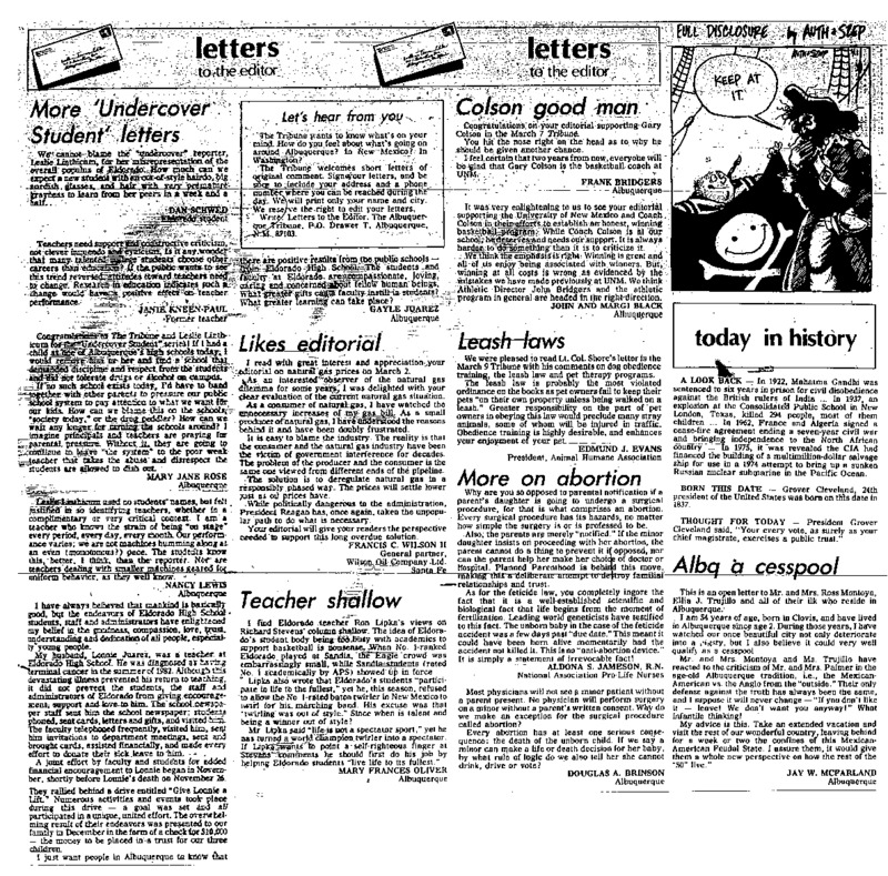 Letters to the editors of the Albuquerque Tribune in reaction to the "Undercover Student" series.