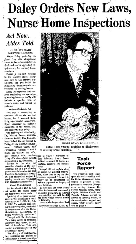 Chicago Tribune article titled, "Daley Orders New Laws, Nurse Home Inspections." Written by William Jones as part of the reaction to the nursing home exposé.