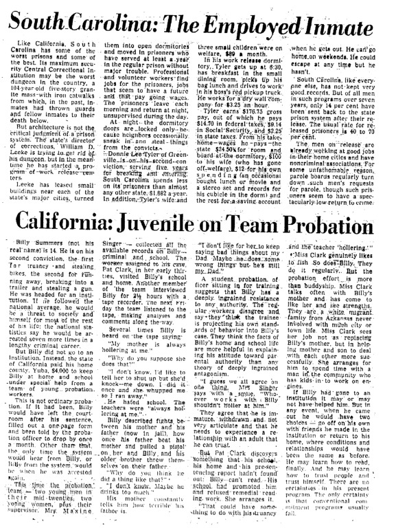 Two Washington Post articles titled, "South Carolina: The Employed Inmate" and "California: Juvenile on Team Probation." Written as part of the Shame of Prisons series.