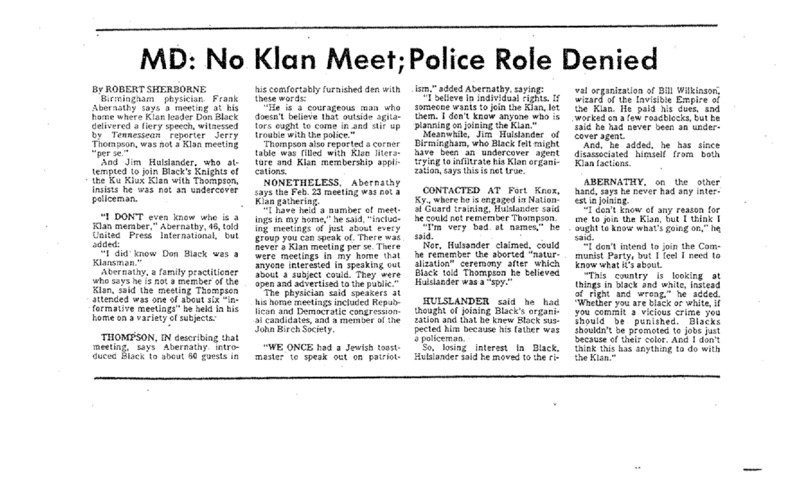Nashville Tennessean article titled, "MD: No Klan Meet; Police Role Denied." Written by Robert Sherborne.