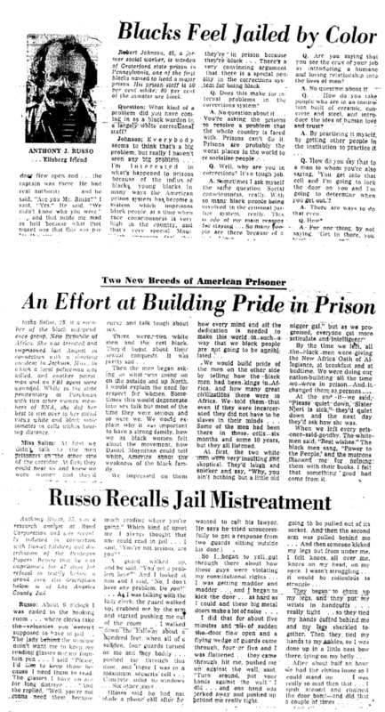 Three Washington Post articles titled, "Blacks Feel Jailed by Color," "The New Breeds of American Prisoner," and "Russo Recalls Jail Mistreatment." Written as part of the Shame of Prisons series.