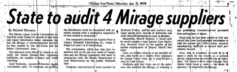 Chicago Sun-Times article titled "State to Audit 4 Mirage Suppliers." Written by Michael Flannery as part of the Mirage Reaction.