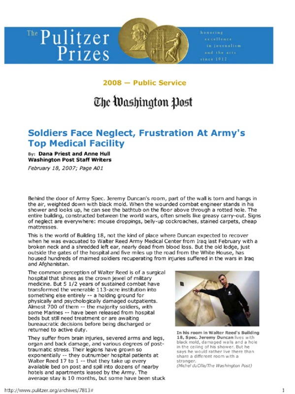 Washington Post article titled, "Soldiers Face Neglect, Frustration at Army's Top Medical Facility." Written by Dana Priest and Anne Hull.