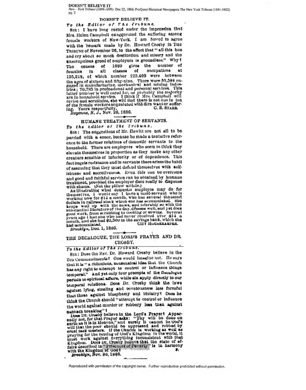 Letters to the Editors of the New York Tribune reacting to Helen Campbell's "Prisoners of Poverty" series.