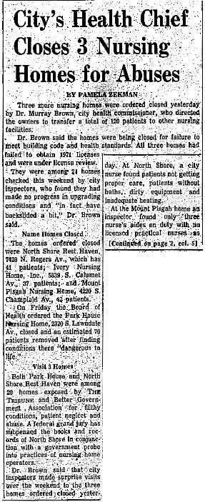 Chicago Tribune article titled, "City's Health Chief Closes 3 Nursing Homes for Abuses." Written by Pamela Zekman. 