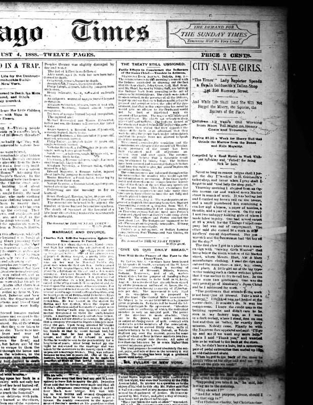 Chicago Daily Times article Nell Nelson wrote as part of her series, "City Slave Girls."